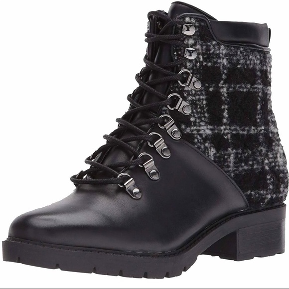 Marc Fisher Black Leather & Plaid Combat Booties - Picture 6 of 8